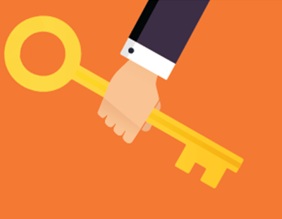 A hand holding a key against an orange background