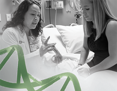 Black and white photo of a pharmacist counselling a patient with green DNA spirals overlayed.